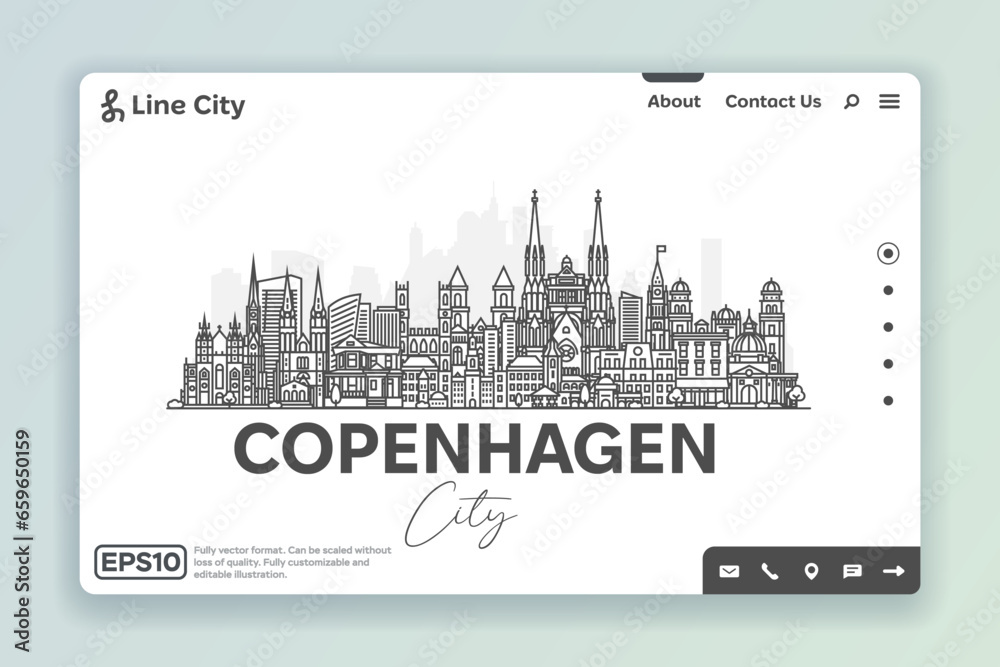 Copenhagen, Denmark architecture line skyline illustration. Linear vector cityscape with famous landmarks, city sights, design icons. Landscape with editable strokes.
