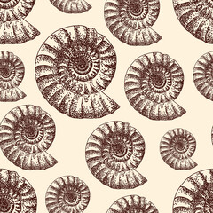 Acrylglasbilder Muster nach Farbe Ammoniten Fossilien Muster auf Pastellgelb  © Alejandro Bernal