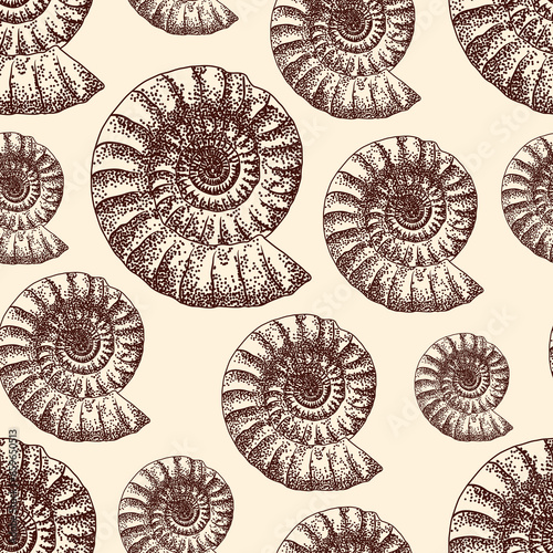 Beautiful ammonite fossils seamles pattern sketck over pastel yellow background photo