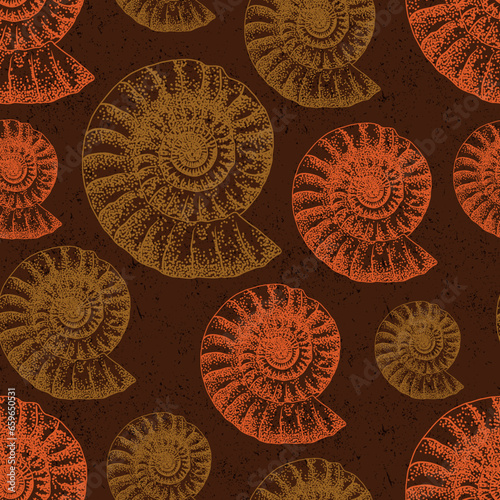 Beautiful brwon and orange ammonite fossils seamles pattern sketck over brown worn out effect at background photo