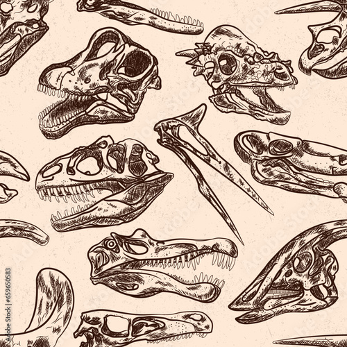Dinosaurs fossils skull heads sketch seamless pattern 