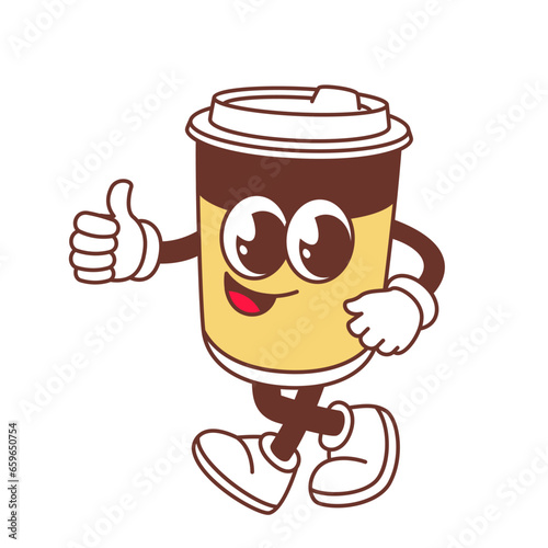 Groovy paper coffee cup character vector illustration. Cartoon isolated retro eco sticker of plastic container with drink and lid, funky psychedelic coffee mascot walking with thumb up and funny face