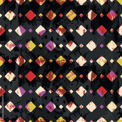 Multicolor rounded diamond seamless pattern with black and grey water color effect at background