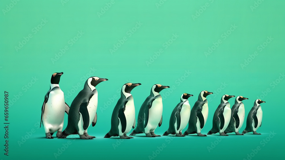 Obraz premium group of Penguin full body side view, isolated on green background,