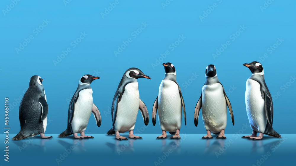 Obraz premium group of Penguin full body side view, isolated on green background,generative ai