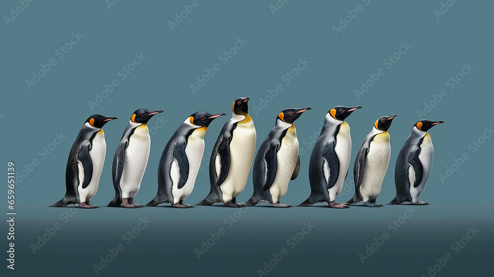Obraz premium group of Penguin full body side view, isolated on green background,generative ai