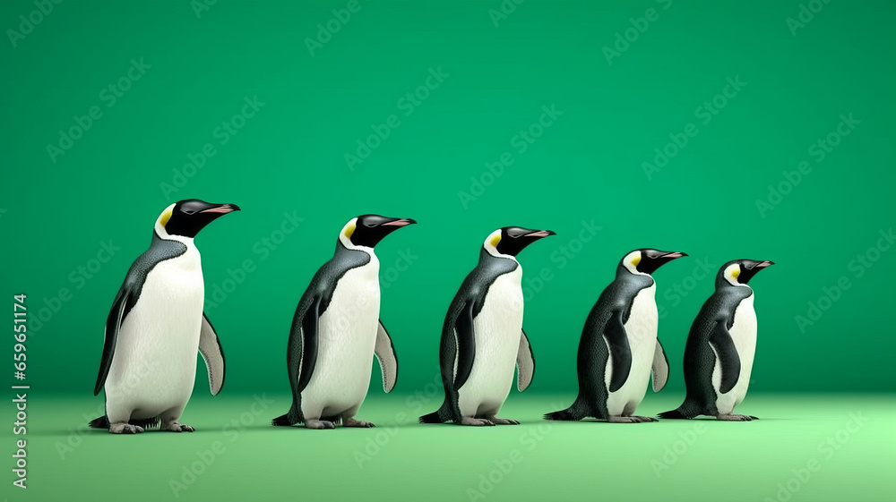 Obraz premium group of Penguin full body side view, isolated on green background,