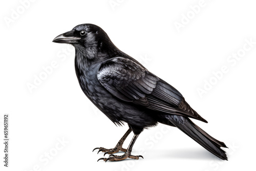Black crow isolated on white background with clipping path. Close up.