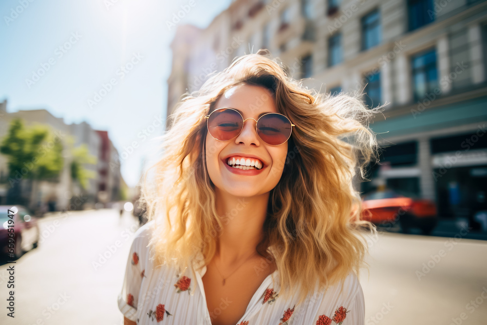 Closeup portrait of a beautiful young woman with curly hair laughing on the street