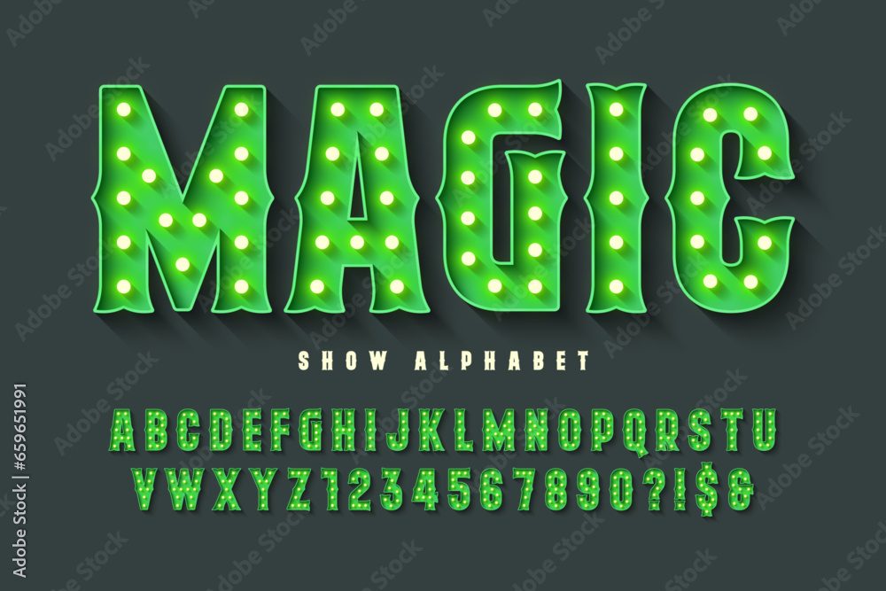 Naklejka premium Retro circus alphabet design, cabaret, LED lamps letters and numbers.