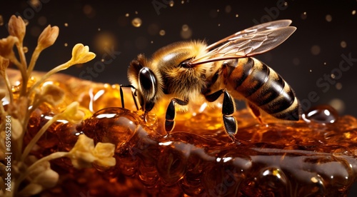 close-up of a bee on a honey, bee doing honey, bee in beehive, close-up of bee doing honey in beehive, honey background, bee wallpaper © Gegham