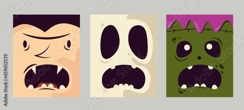 Trendy minimalistic Halloween poster set with funny characters. Festive background, cover, sale banner, flyer design. Templates for advertising, web, social media
