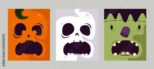 Trendy minimalistic Halloween poster set with funny characters. Festive background, cover, sale banner, flyer design. Templates for advertising, web, social media