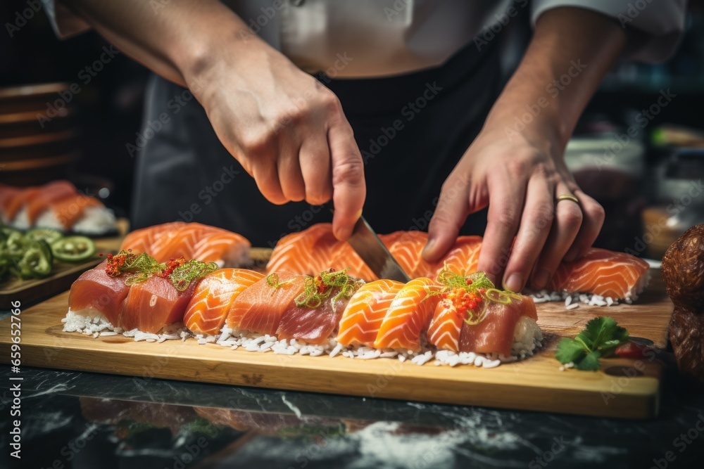 Creative Hands chef preparing sushi cook. Asian plate. Generate Ai