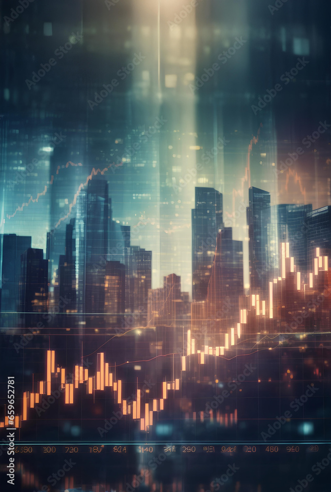 Investment and trading concept with business chart and cityscape background. - obrazy, fototapety, plakaty 
