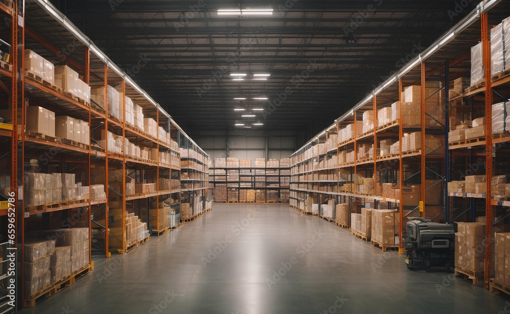 A large logistics warehouse filled with boxes parcels and merchandise.