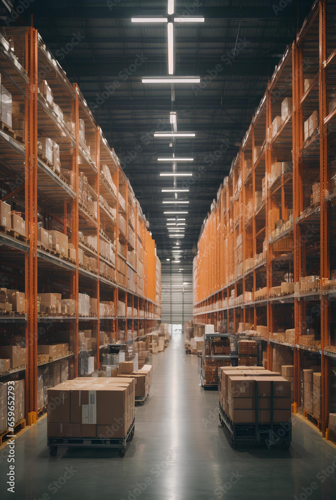 A large logistics warehouse filled with boxes parcels and merchandise.