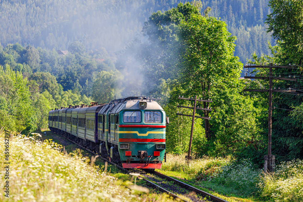 Naklejka premium Powerful diesel locomotive pulls passenger train. Railway in the mountains.