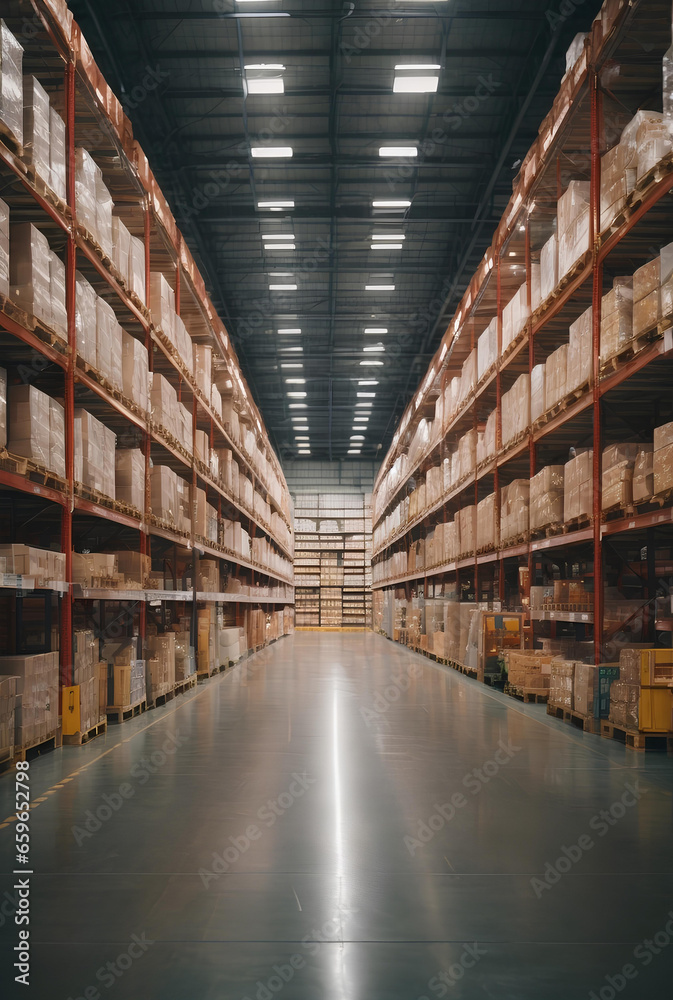 A large logistics warehouse filled with boxes parcels and merchandise.