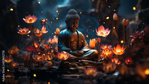 Buddha, Maravichai posture sitting in the middle of large multi-colored lotus flowers. photo