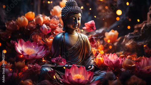 Buddha, Maravichai posture sitting in the middle of large multi-colored lotus flowers. photo