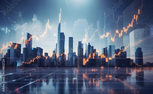 Investment and trading concept with business chart and cityscape background.