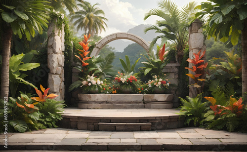 Stone podium with tropical plants and flowers nature background.