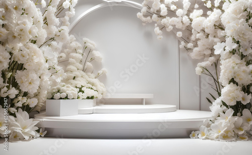 Modern podium with white blooming flowers background.