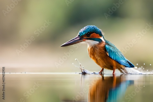 Female Kingfisher emerging from the water after an unsuccessful dive to grab a fish,,