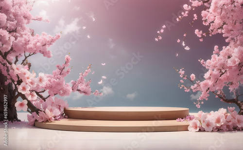 Modern podium with blooming cherry blossom background.