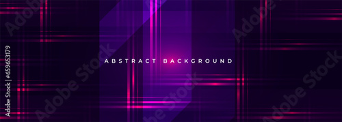 Dark wide abstract horizontal futuristic banner with pink striped glowing lines. Vector illustration background