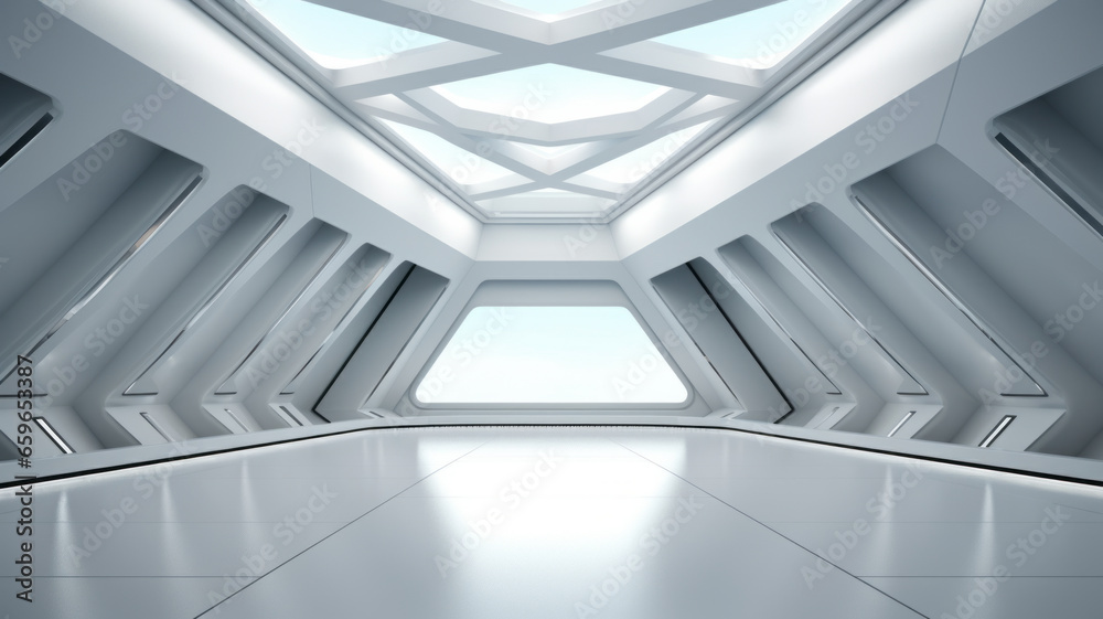 Obraz premium Beautiful futuristic Geometric white and gray background with floor in studio lighting.generative ai