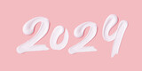 Happy New year 2024 smeared cream mark. White paint numeral 2024 on pink background. 3D rendering