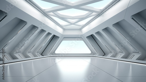 Beautiful futuristic Geometric white and gray background with floor in studio lighting.generative ai