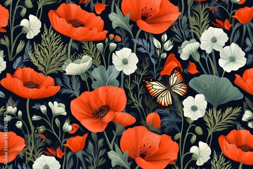 Floral pattern with meadow and butterflies  perfect for nursery design and textile. Generative AI