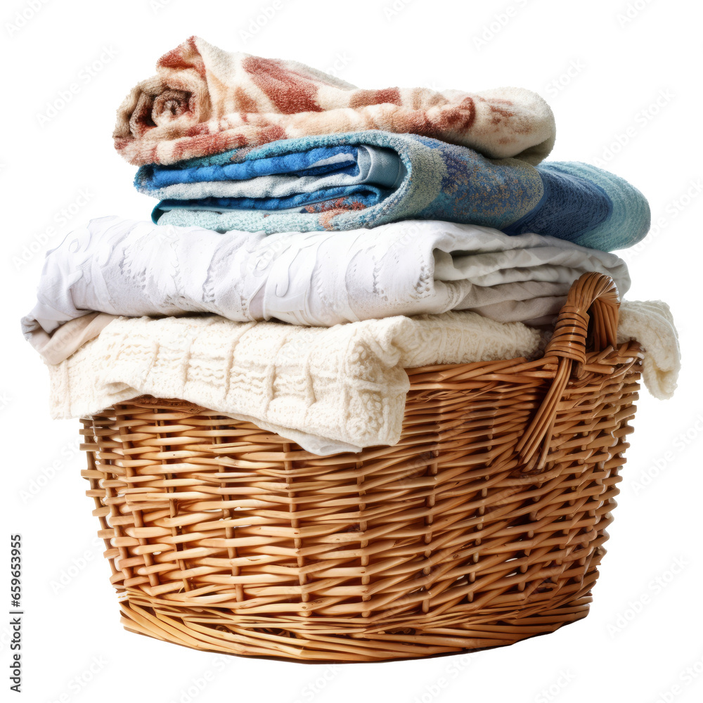 Obraz premium clean clothes and Wicker basket with clean laundry isolated transparent background,generative ai
