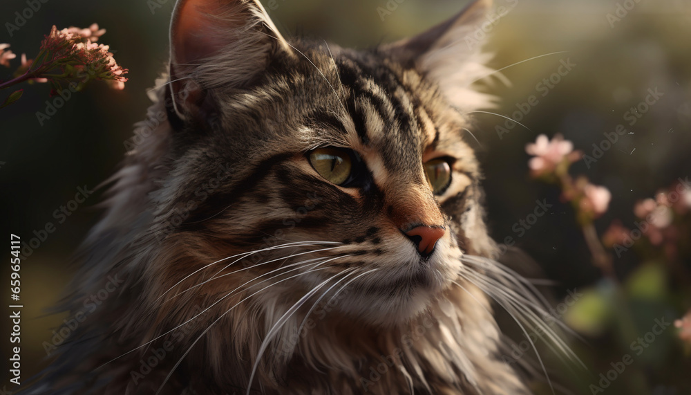 Fototapeta premium Fluffy kitten sitting in grass, staring at camera with cute whiskers generated by AI