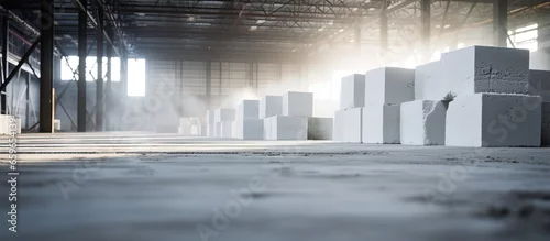 Panel kuchenny z motywem White aerated concrete blocks stacked on the floor of an industrial building under construction