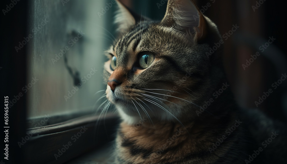 Fluffy kitten staring out window, cute whiskers and striped fur generated by AI Fluffy kitten staring out window, cute whiskers and striped fur generated by AI