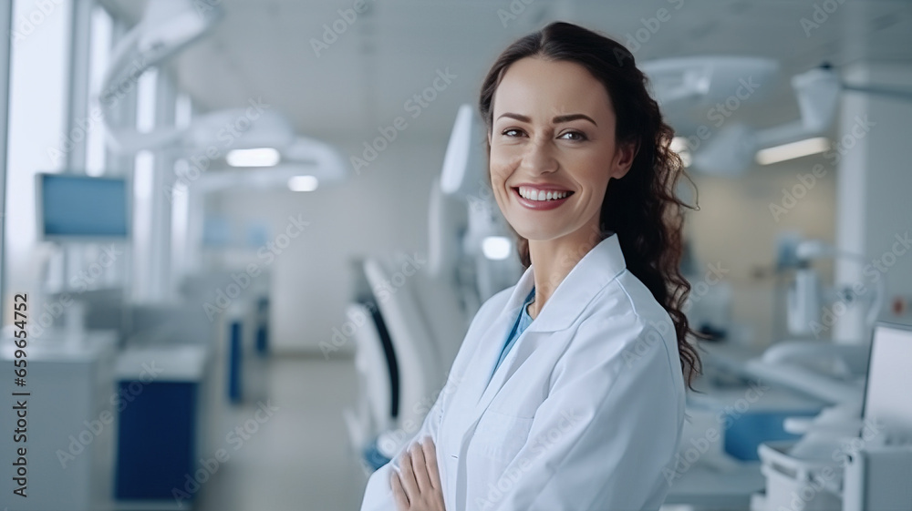 Portrait of happy beautiful Smiling European Caucasian female doctor on uniform. physician or cardiologist in white lab coat uniform k in her modern office AI