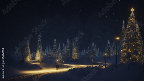 Enchanted Yuletide Evening: Snowy Trees and Lights