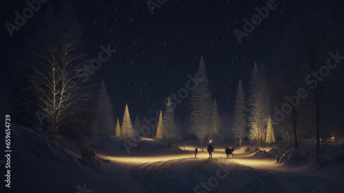 Enchanted Yuletide Evening: Snowy Trees and Lights © Ygor