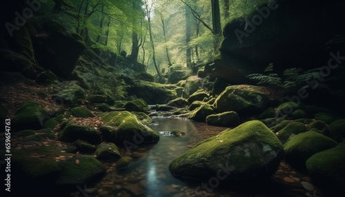 Tranquil scene of wet forest, flowing water generated by AI