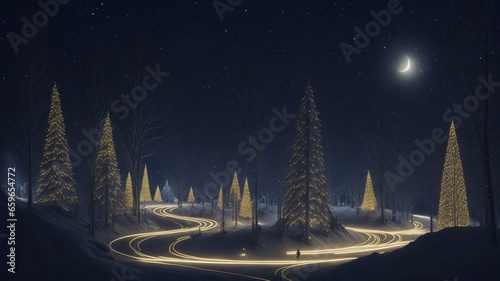 Nocturnal Christmas Magic: Snowy Holiday Landscape