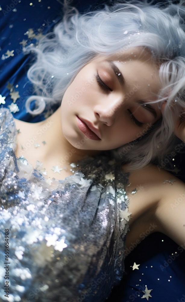 A close-up portrait of a young woman lying on a blue background, adorned with shimmering sequins. A close-up portrait of a young woman lying on a blue background, adorned with shimmering sequins.