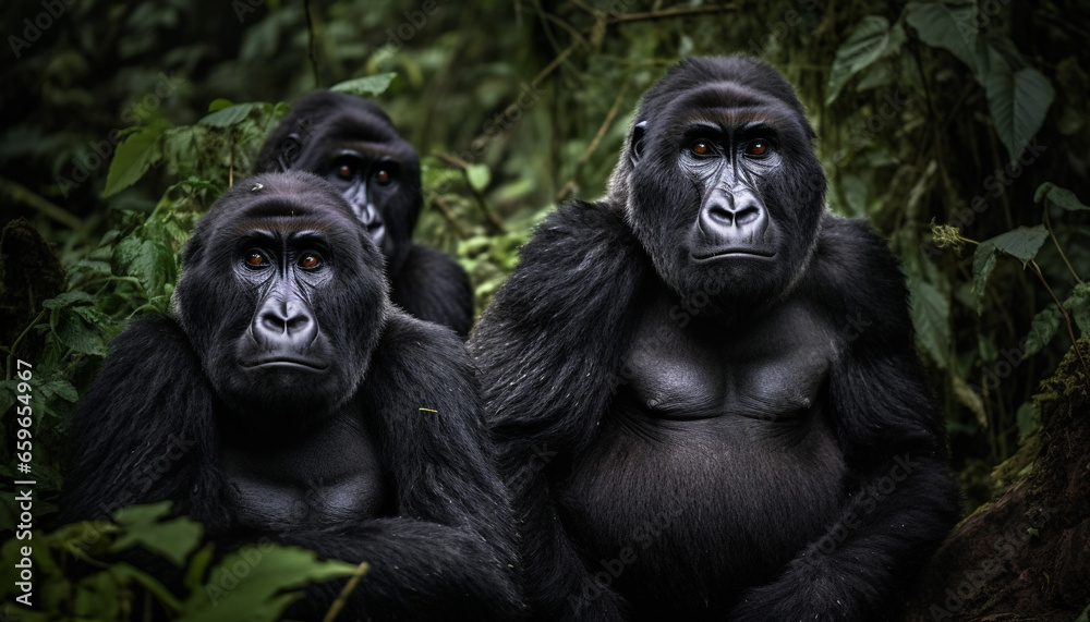 Obraz premium Endangered primate staring with authority, sitting in tropical rainforest generated by AI