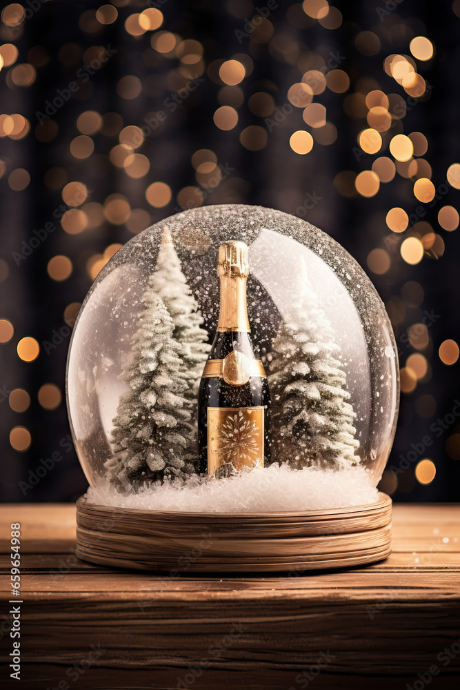 A champagne bottle encased in a snow globe with snowy pine trees, set against a bokeh-lit backdrop.