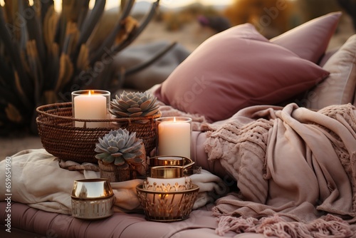 Cozy outdoor setting with soft pillows, lit candles, succulents, and a desert backdrop