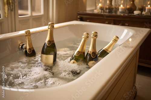 Elegant champagne bottles chilling in a luxurious bubble bath with soft lighting. photo