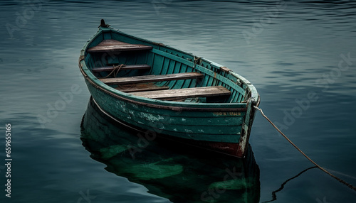Rowboat fastening rope, tranquil scene, green reflection generated by AI